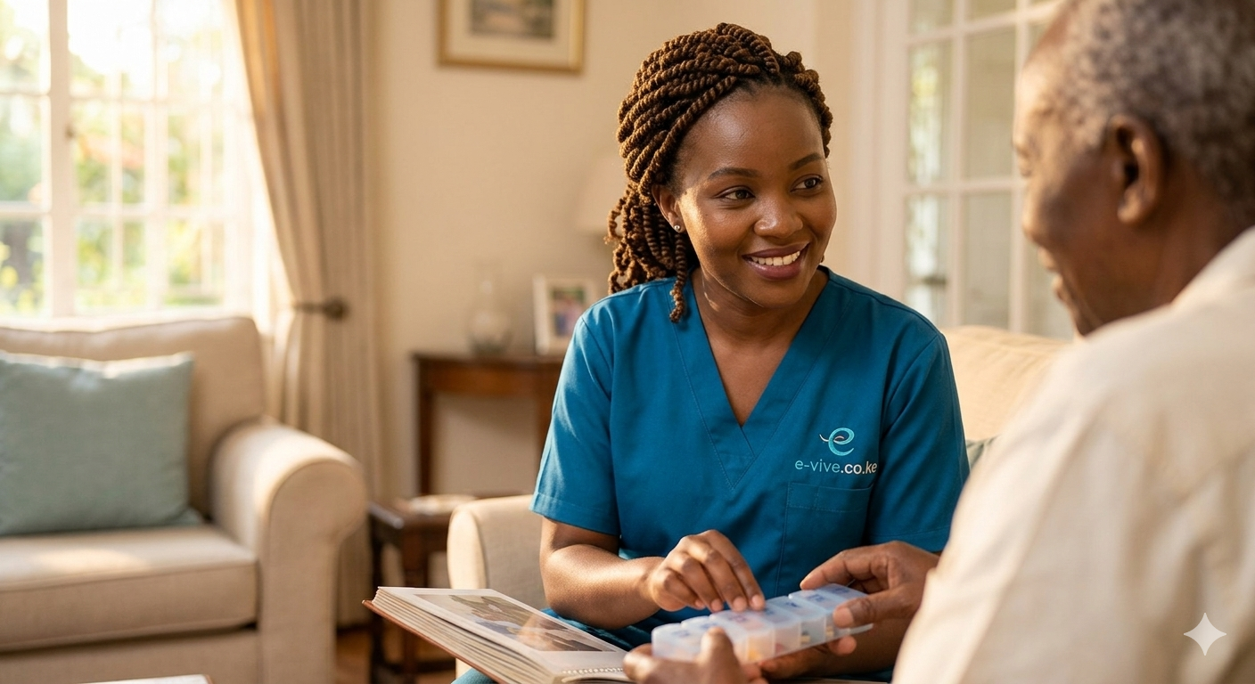 An E-Vive HomeCare Assistant tending to an elderly patient in a warm home setting
